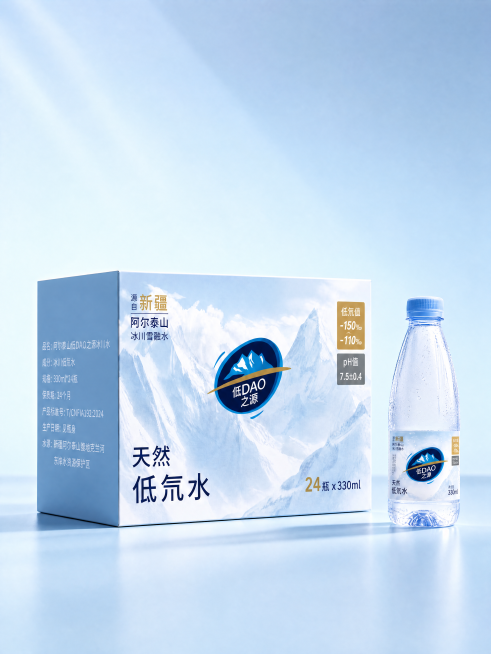 高清产品摄影，清爽高级浅蓝色调背景，参考图风格
[主体]：一个立体整箱阿尔泰山低DAO之源天然低氘水包装箱，居中放置，整体比例适当缩小，增加四周留白边距，让画面更宽松透气。包装箱正面展示，包装箱正面设预览效果