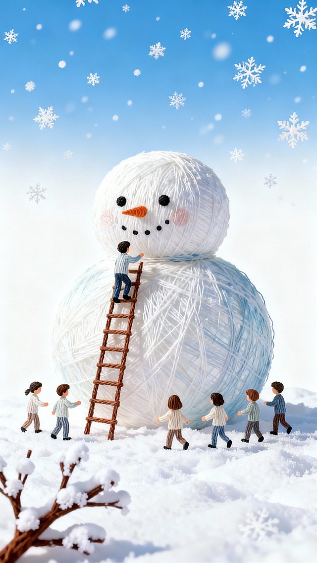 立冬时节，一个可爱的巨大的卡通雪人在雪地上，一个梯子搭在雪人身上，有两个小朋友正在往上爬，周围五个小朋友在围着雪人玩耍，湛蓝的天空落下雪花，前景是落雪的树枝