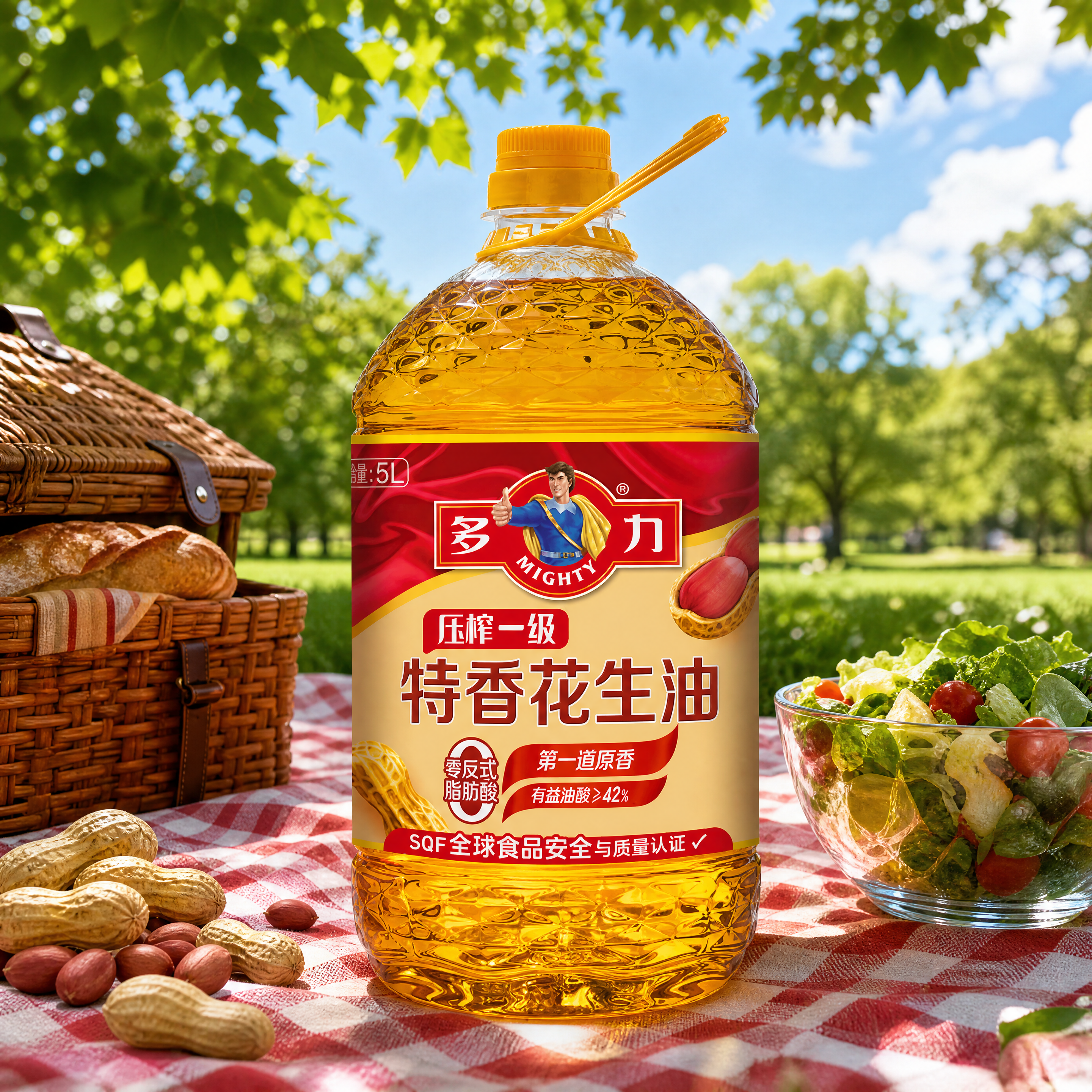 超写实户外野餐场景摄影。 主体：花生油桶严格参照上传产品图，完… - 图片创意预览