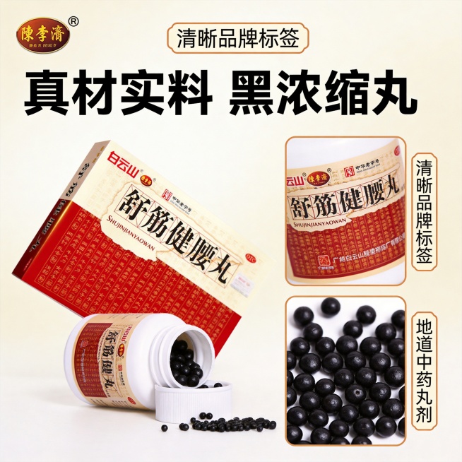 [主图-3] 舒筋健腰丸产品细节展示，主体大图加侧边细节框版式。
[氛围风格] 专业可信医药电商风格，清晰透明质感。
[画质] 商业摄影质感，光线柔和通透，产品清晰真实，画面干净高级。保持舒筋健腰丸整预览效果