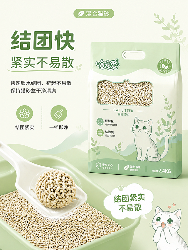哈宠爱混合猫砂电商详情页第三屏，整体采用清新浅绿白色系，和参考图保持一致，展示产品卖点结团快，紧实不易散，包装和参考图保持一致，风格清新自然，简约可爱，比例3:4