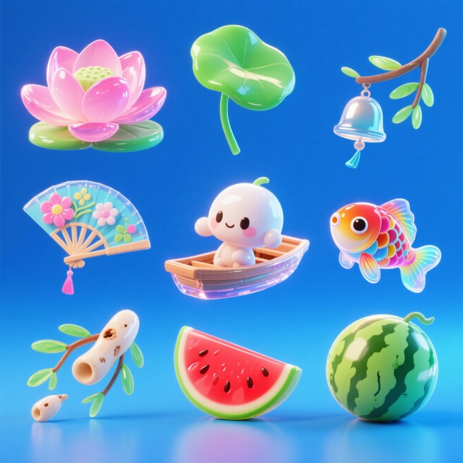 9个Q版图标（元素独立区域）：荷花、荷叶、轻舟、折扇、莲藕、柳枝条、一块西瓜、风铃、鲤鱼，宝蓝色背景预览效果