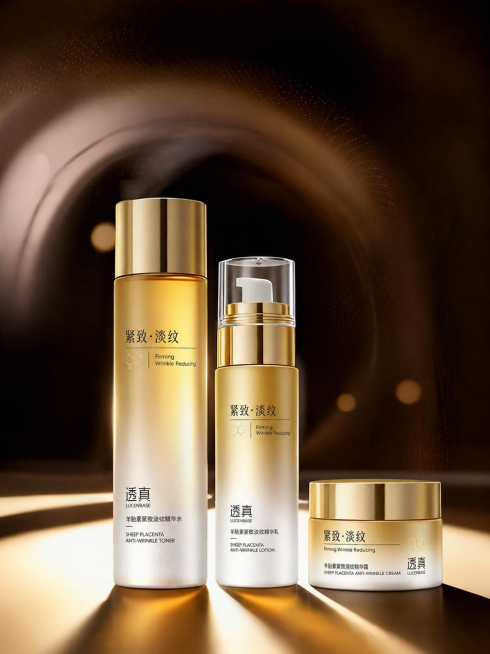 保留原图中的透真羊胎素紧致淡纹套装产品和整体构图背景，去掉图片中所有额外的文案和标签，包括顶部标题文字、卖点文案、圆形标签和底部文字，只保留产品瓶身上本身的文字内容预览效果