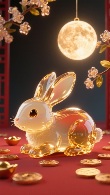 一只匍匐回望、灵动可爱的玉兔，金色玉皮雕成环绕玉兔背景是桂花，高挂暖色月亮，月光洒在玉雕上泛温润光泽，静谧吉祥；玉兔眼含灵动光泽，地面散落元宝与铜钱，整体色调暖金与中国红交织，细节丰富饱满预览效果