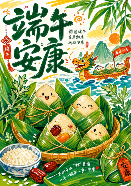 马克笔手绘风格海报，端午节粽子主题，马克笔笔触鲜明，色彩饱满活泼，手绘质感强烈，尺寸为210*297mm，竖版布局预览效果