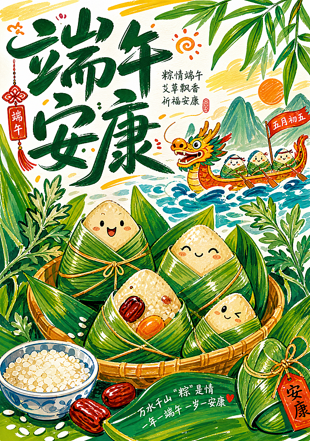 马克笔手绘风格海报，端午节粽子主题，马克笔笔触鲜明，色彩饱满活泼，手绘质感强烈，尺寸为210*297mm，竖版布局
