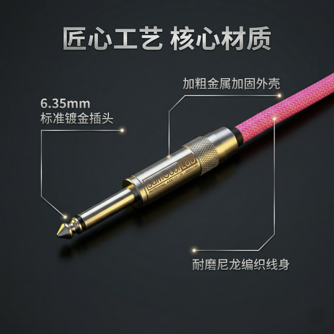 [主图 2] 核心卖点解析图
[主图主题] 电吉他音频线核心结构卖点展示
[氛围/风格] 专业科技风，清晰锐利，极致质感
[画面元素] SamGoolLab粉色电吉他音频线插头居中展示，使用极细银色科预览效果