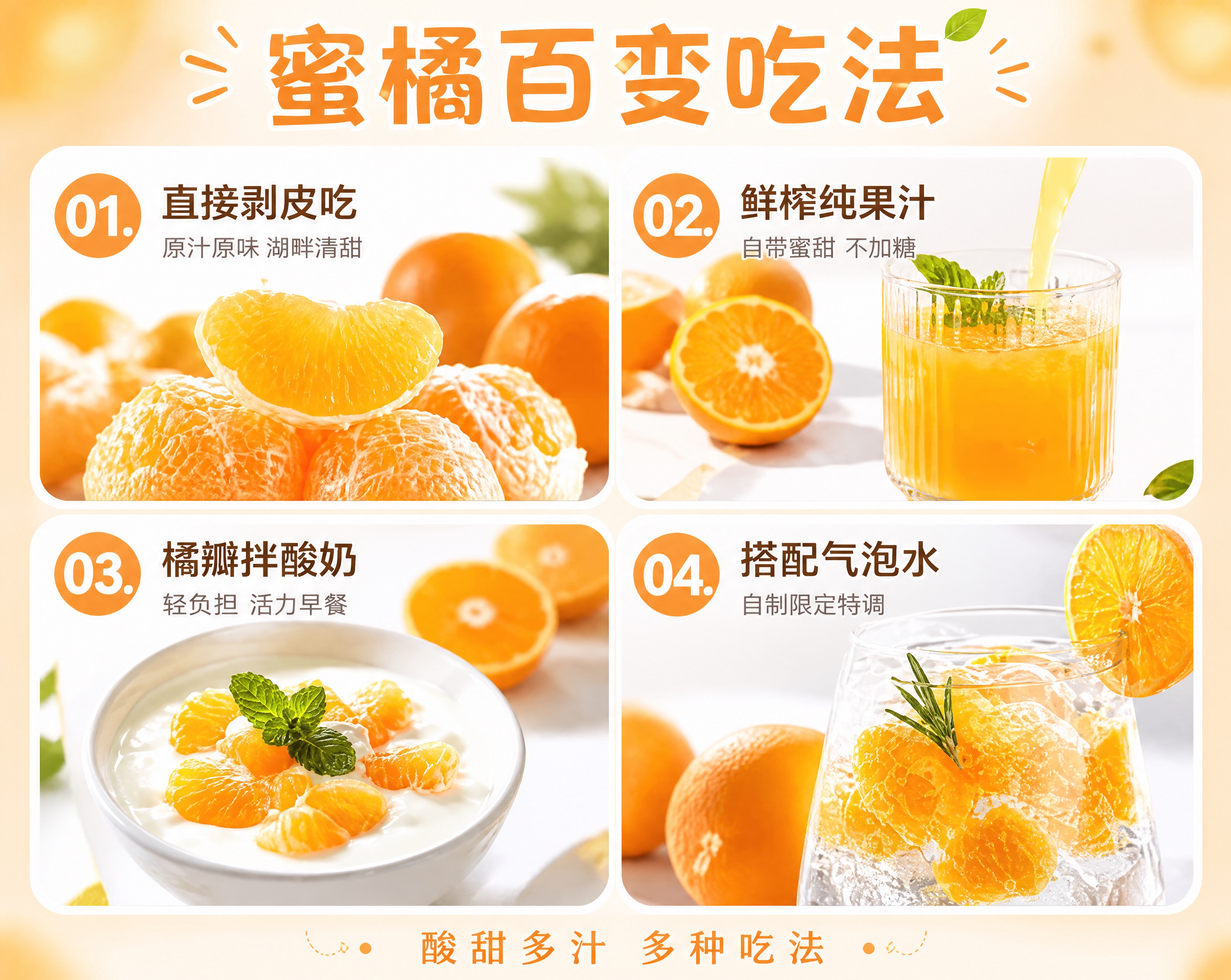橘子四种吃法电商详情图，四宫格布局。左上剥皮直接吃、右上鲜榨果… - 图片创意预览