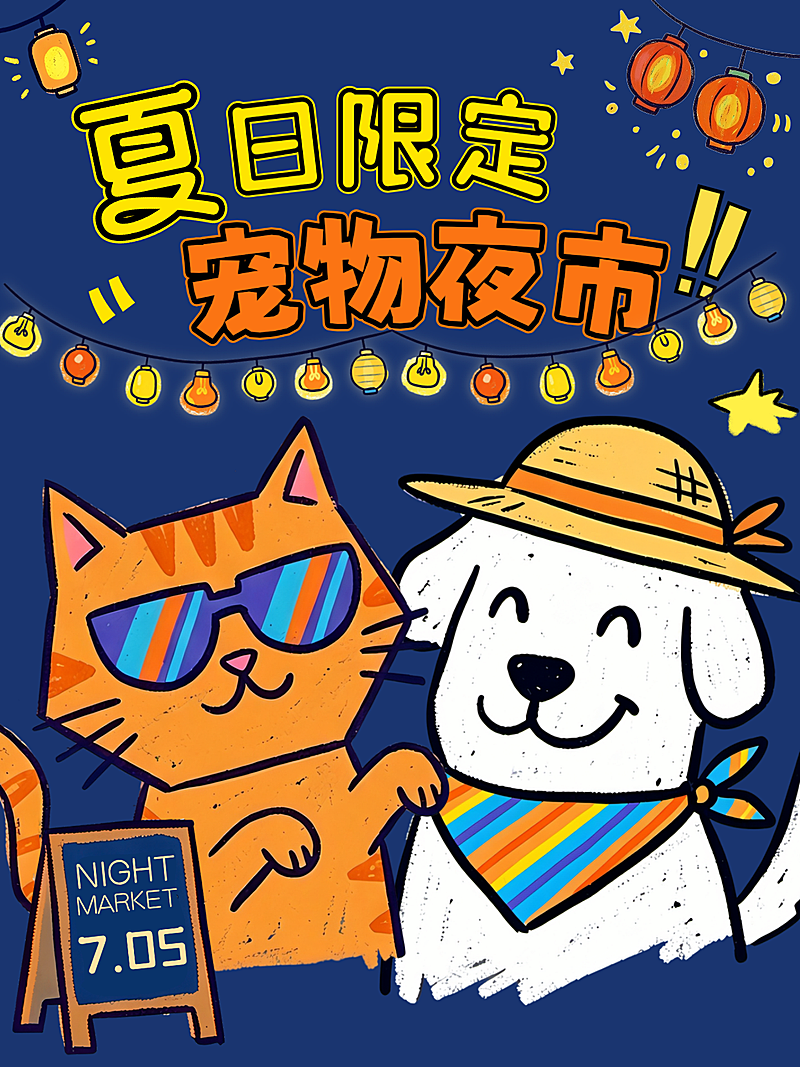 夏日夏季宠物市集夜市猫狗可爱手绘小红书封面