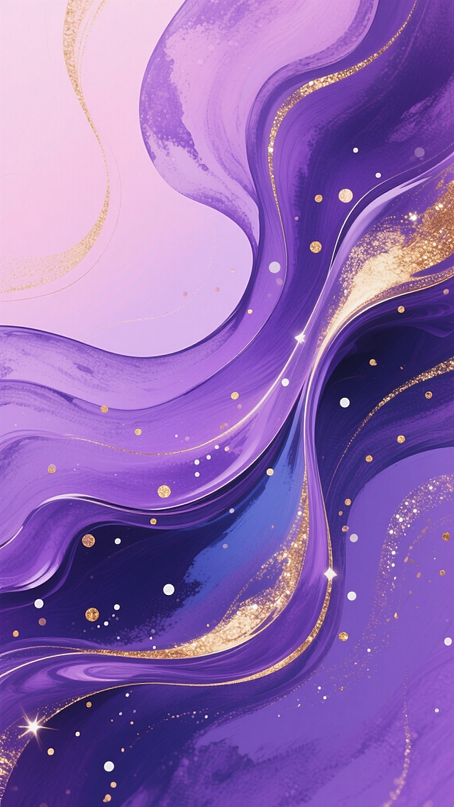 抽象水墨风格背景，以深浅不一的紫色调为主，从淡紫、粉紫到深紫、蓝紫渐变交融，呈现出流动的液体质感和透明晕染效果，金色的流畅曲线和波浪线条在紫色背景中蜿蜒穿梭，点缀着大小不一的金色和白色闪光小点，整体画面优雅梦幻，色彩和谐统一，充满艺术美感和动感韵律。