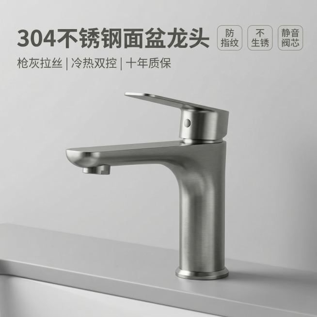 图生图，基于用户上传的不锈钢龙头原图，保持龙头外观和细节100%一致，更换为高级简洁的浅灰色电商背景，放置干净卫浴台面上，整体为现代简约轻奢风格，自然光柔和漫射，光影细腻凸显金属拉丝质感。左上角放置大预览效果