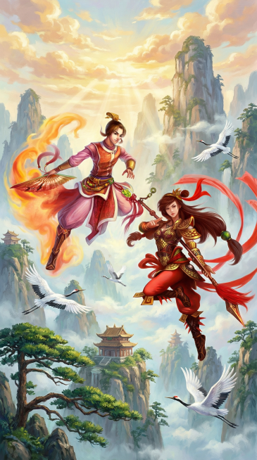 将提供的两张图片中的两个人物合成到同一9:16竖版画面中，背景融入仙山、仙鹤等仙侠元素，整体风格为手绘厚涂，保持画面明亮不要太暗预览效果