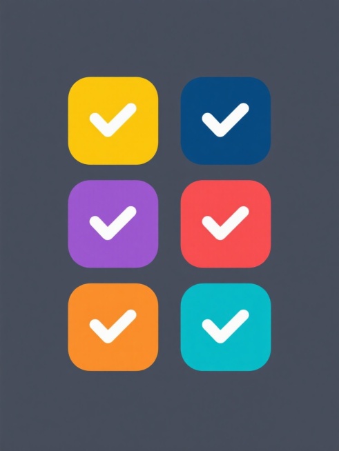 六个完全相同的设计元素规整排布组成的系列素材集合，每个元素均为极简风格的白色对勾图标置于纯色色块中央，整体采用扁平化设计语言，色彩分别为正红色、明黄色、深蓝色、紫色、橙色和青色，各元素大小一致、间距均匀，保持简洁明快的视觉风格与清晰的图形识别度。预览效果