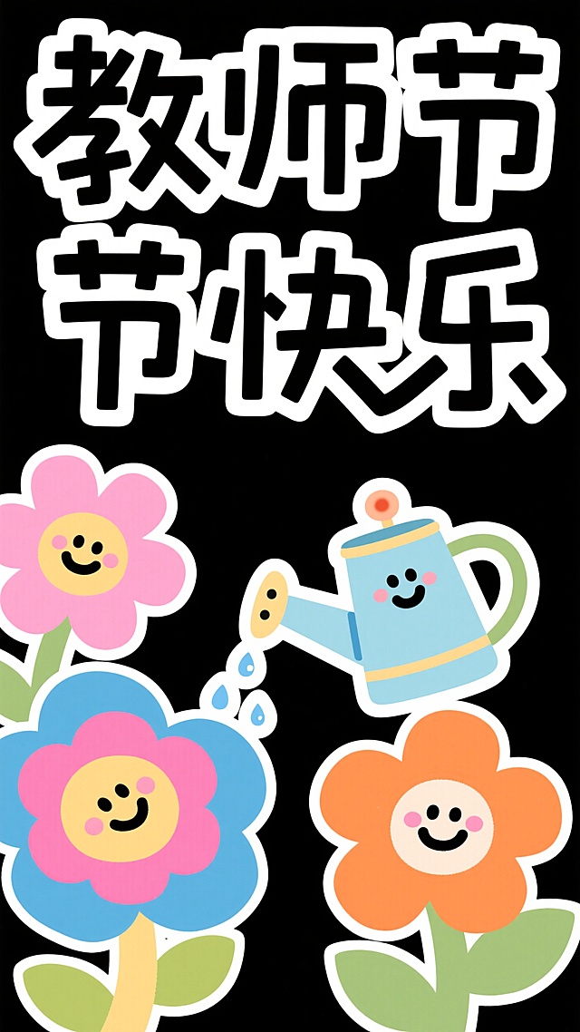 童趣剪纸风，粗白描边平涂色块，黑色字标题“教师节快乐”标语，搭配拟人花朵（粉/蓝/橙，带笑脸表情）、浇水壶（水滴装饰）