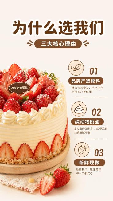 [第6屏] 卖点拆解-三大核心理由展示。本屏使用商品图作为主体，分点拆解卖点。
[氛围/风格] 清晰信息版式，简约干净商业设计风，信息层级明确。
[元素布局] 蛋糕产品图放在左侧，占屏约45%；右侧分预览效果