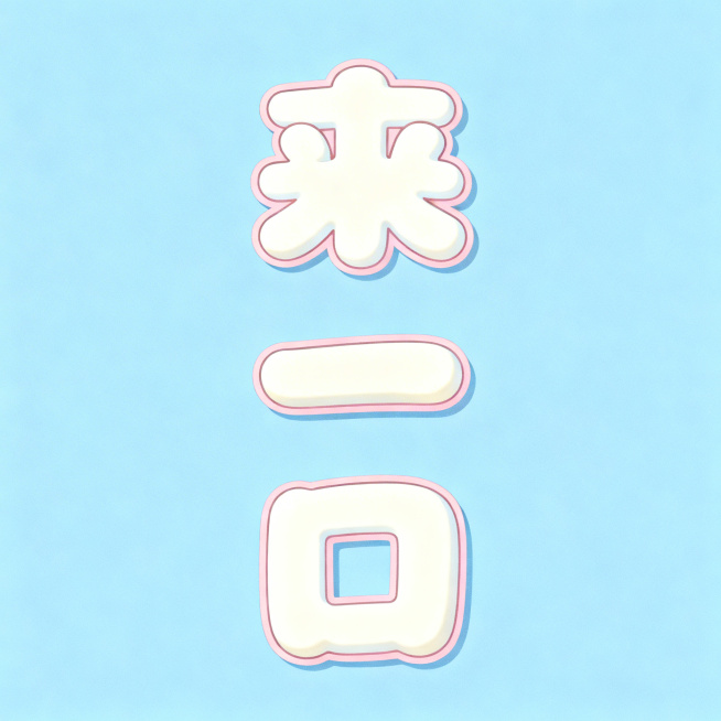 干净的纯淡蓝色背景。平面艺术字体设计，三个字"来"、"一"、"口"，所有文字竖排排列（可爱圆润POP风格，笔画饱满圆润，如同软萌棉花糖挤压变形，边角做圆润处理）（奶白色填充，带有浅粉色细描边）。整体设预览效果