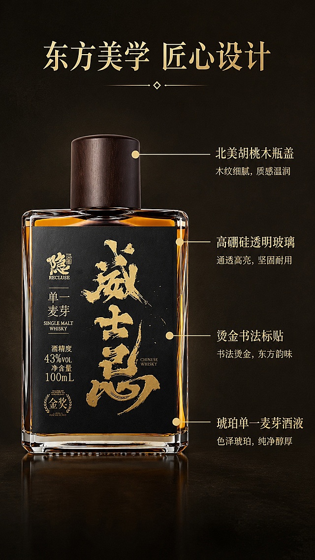 [第3屏] 结构解析页-隐造单一麦芽威士忌瓶身结构标注。本屏使用【图1】作为商品主体。
[氛围/风格] 工业解析风，简约高级，黑金质感，细节清晰。
[元素布局] 产品居中展示，占比约70%，使用细金色引线标注关键部位：木质瓶盖、高透玻璃方瓶、烫金书法标签、琥珀酒液四个核心部位，每个引线配简短说明文字；保持瓶身各部位结构、尺寸比例与输入产品图一致。
[光影质感] 中心打光，瓶身玻璃折射出光泽，每个标注部位清晰突出，整体明暗过渡自然。
[配色色系] 全局底色 #2C2620；主色黑金，辅助色金色引线和文字。
[视角构图] 正面平视，中心构图，动线从上到下阅读标注。
[文字版式] 顶部主标题「东方美学 匠心设计」；每个引线标注：「北美胡桃木瓶盖」「高硼硅透明玻璃」「烫金书法标贴」「琥珀单一麦芽酒液」；字体清晰不遮挡瓶身主体。
[比例分辨率] 9:16 竖版比例，4K分辨率，文字清晰可辨，高清画质。
[负向提示词] 结构变形，标注错乱，颜色偏差，文字模糊，遮挡主体。