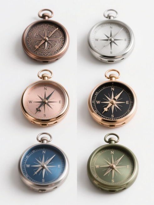 六个不同配色、不同样式的精致指南针，每个指南针拥有独特的金属色泽（如古铜色、银色、哑光黑、玫瑰金、蓝色钛合金、青铜绿）和细节设计（如不同花纹的表壳边缘、各异的指针造型、表盘刻度样式变化），保持与原图相似的古典怀表式圆形结构和清晰的方向刻度标识，所有指南针在纯白色背景上以整齐的网格状排列，呈现出高度统一的写实金属质感、细腻的光影反射效果和精准的立体感，整体构图平衡对称，视觉层次分明，设计感十足。预览效果
