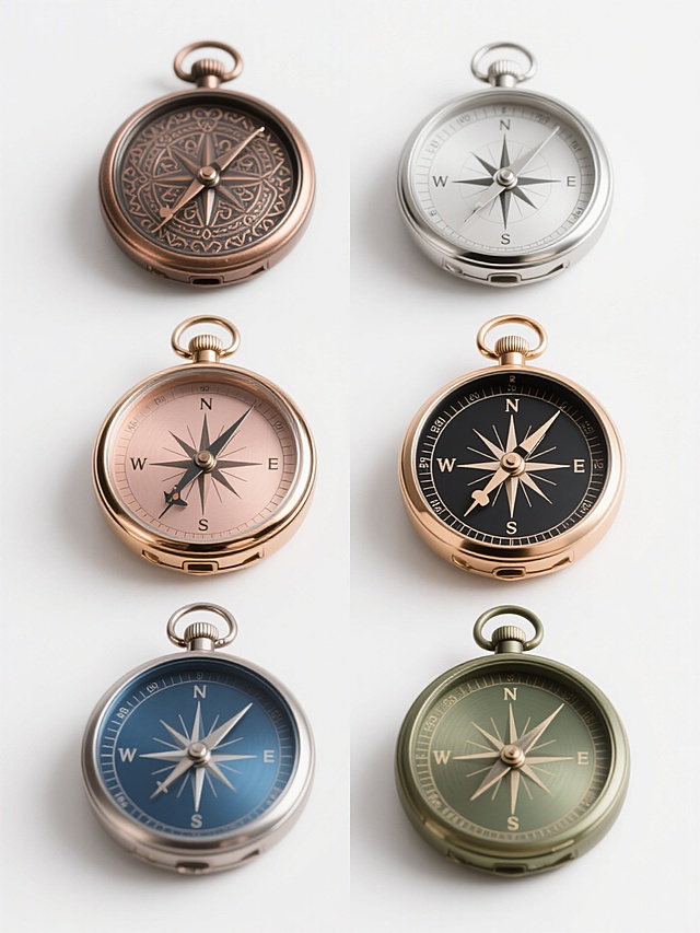 六个不同配色、不同样式的精致指南针，每个指南针拥有独特的金属色泽（如古铜色、银色、哑光黑、玫瑰金、蓝色钛合金、青铜绿）和细节设计（如不同花纹的表壳边缘、各异的指针造型、表盘刻度样式变化），保持与原图相似的古典怀表式圆形结构和清晰的方向刻度标识，所有指南针在纯白色背景上以整齐的网格状排列，呈现出高度统一的写实金属质感、细腻的光影反射效果和精准的立体感，整体构图平衡对称，视觉层次分明，设计感十足。
