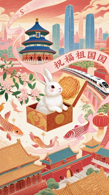 创意：画面视觉中心
点一只的玉兔，坐在月饼礼盒中探出头观望，在空中遨游，畅游在由北京古典建筑与现代地标组成的奇幻城市中，体现古往今来的欢乐氛围。构图： 采用S形曲线构图，活泼灵动，有叙事性延展。场景：预览效果
