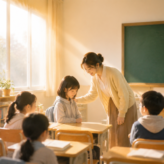 保留原图整体温馨校园教室场景、老师温柔引导转学生的构图和温暖治愈风格，删除图片中所有文字文案，只保留干净的画面内容预览效果