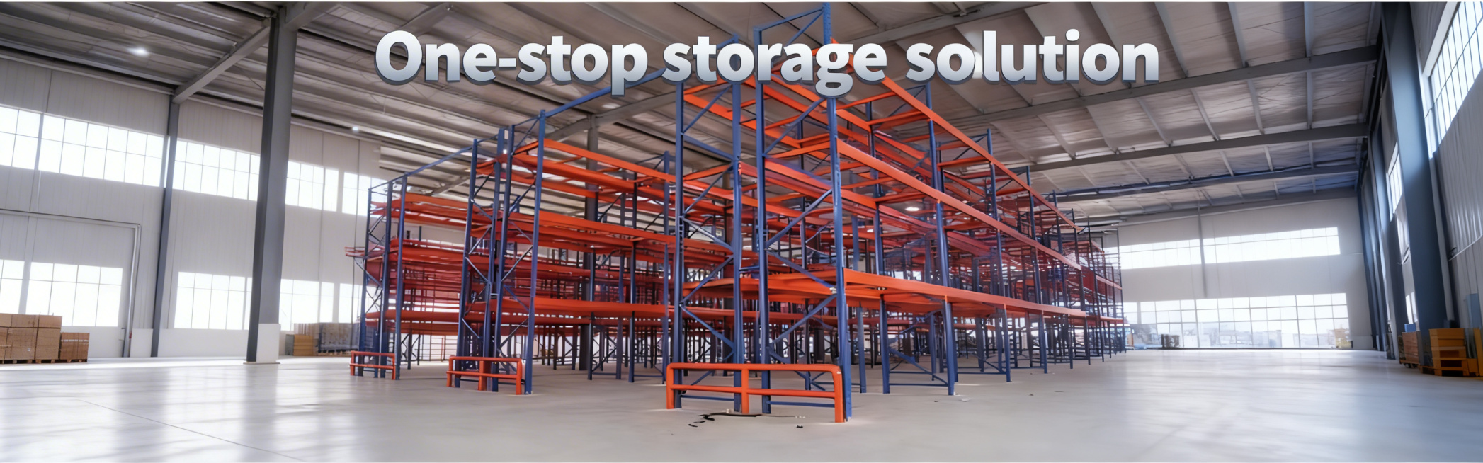 优化主题文字"One-stop storage solution"的样式和位置，让文字更醒目美观，放置在画面更协调的位置，保留原有蓝橙配色仓储货架和现代仓库背景整体风格不变预览效果