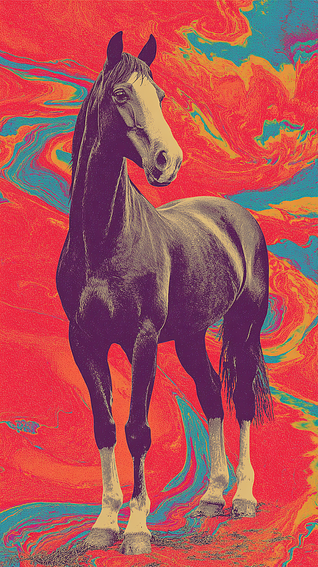 梦幻感与迷幻风交织，液态色彩如虚拟自然般流动，波普艺术风格碰撞印刷风质感，呈现超现实马匹的视觉奇观。
