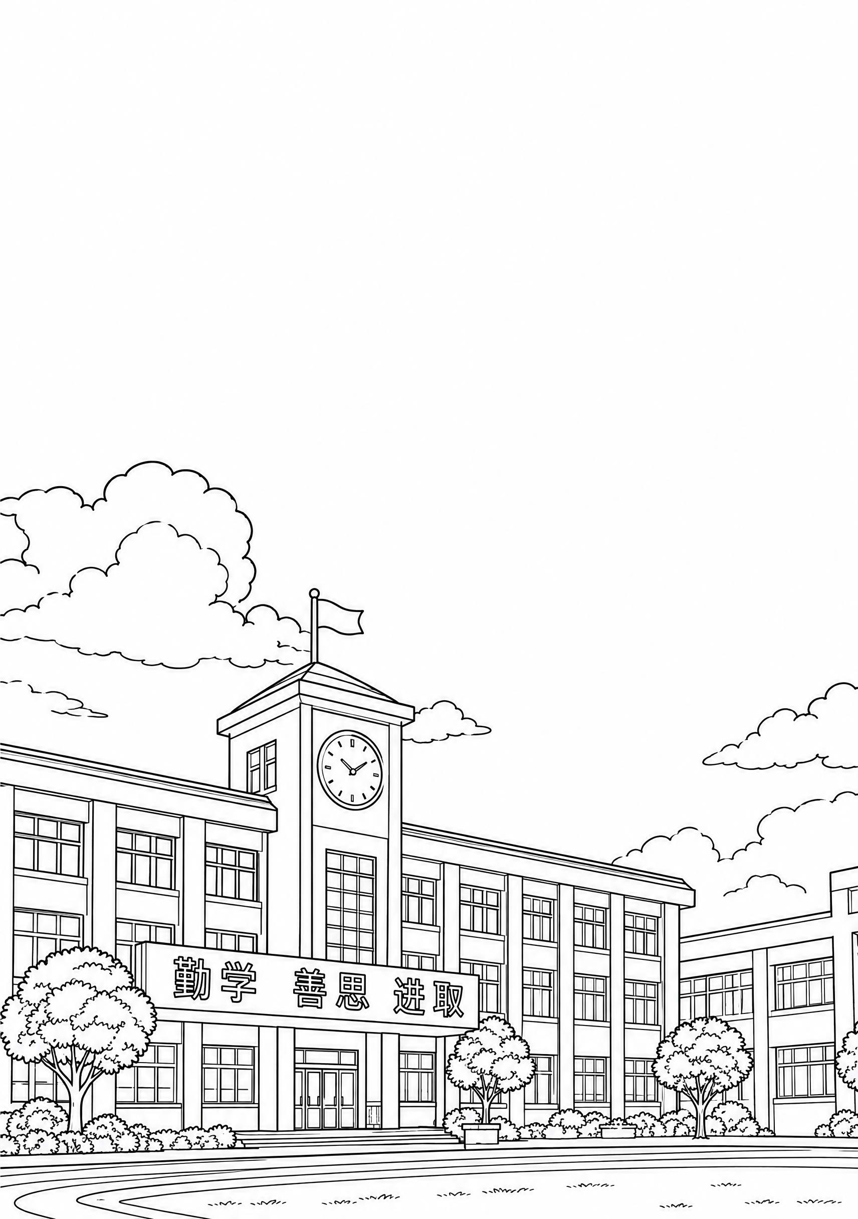 将这张学校建筑图片转换为黑白线稿风格，保留建筑、树木、操场、天… - 图片创意预览