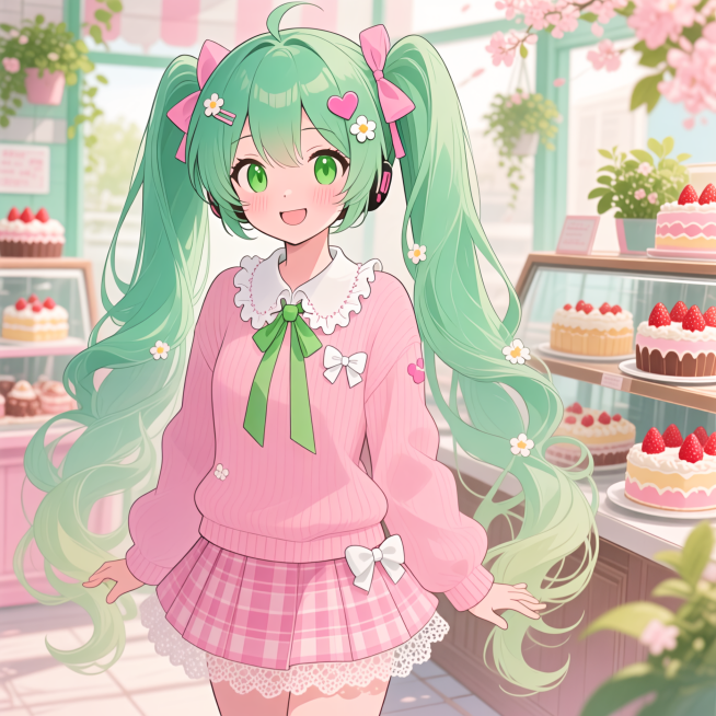 甜妹清新风二次元插画，初音未来主题，主体为初音未来形象，渐变绿双马尾长发，发间点缀粉色蝴蝶结、爱心发夹与小花，发丝卷曲灵动，绿瞳清澈含笑，脸颊泛粉，神态温柔又俏皮。服饰细节：身着粉色宽松针织衫，领口与预览效果