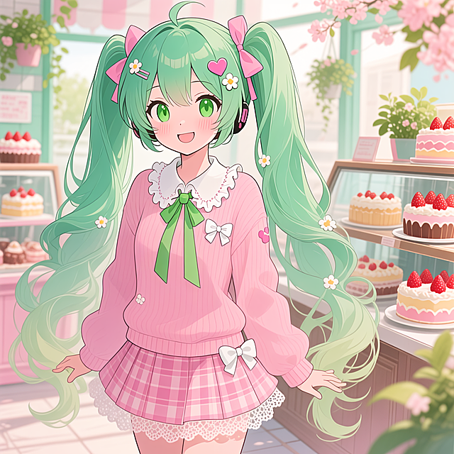 甜妹清新风二次元插画，初音未来主题，主体为初音未来形象，渐变绿双马尾长发，发间点缀粉色蝴蝶结、爱心发夹与小花，发丝卷曲灵动，绿瞳清澈含笑，脸颊泛粉，神态温柔又俏皮。服饰细节：身着粉色宽松针织衫，领口与袖口带有白色波浪褶皱，衣身装饰白色小蝴蝶结与绿色丝带，下搭粉色格纹蕾丝短裙，整体甜妹感拉满。少女身处阳光明媚的甜品店，背景是摆放着草莓蛋糕的展示架与绿植，氛围清新治愈，充满春日甜系气息。整体色调以粉、绿、白为主，光影柔和通透，线条细腻流畅，二次元画风与甜妹、甜品元素完美融合，细节饱满，8K超高清画质。