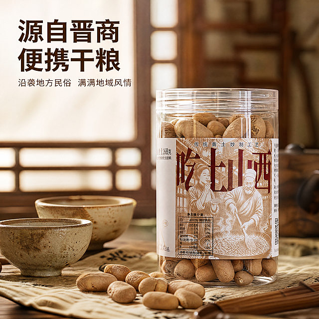 [主图-4] 晋商人文底蕴场景展示图。[氛围风格] 地域文化氛围感，历史传承感。[画质] 商业摄影质感，光线柔和通透，产品清晰真实，画面干净高级。[元素] 将罐装山西炒琪放置在简约中式木质茶桌上，旁边搭配古朴粗陶茶杯，模拟传统晋商出行茶点场景，保持产品包装设计、颜色、形状与原图一致。背景虚化浅景深，突出主体产品。[光影] 自然光从窗户射入，暖调温馨，营造历史传承的悠闲氛围。[配色] 原木暖棕搭配米白桌面，传统自然配色。[视角构图] 45度斜侧平视，主体产品占比约70%，场景带入自然。[文字版式] 画面左上角文案"源自晋商便携干粮"，深棕粗体；下方小字"沿袭地方民俗 满满地域风情"，浅棕细体，不遮挡产品主体。[比例分辨率] 1:1比例，4K分辨率，文字清晰锐利，超高清。[负向提示词] 变形，水印，文字错乱，产品模糊，背景杂乱。