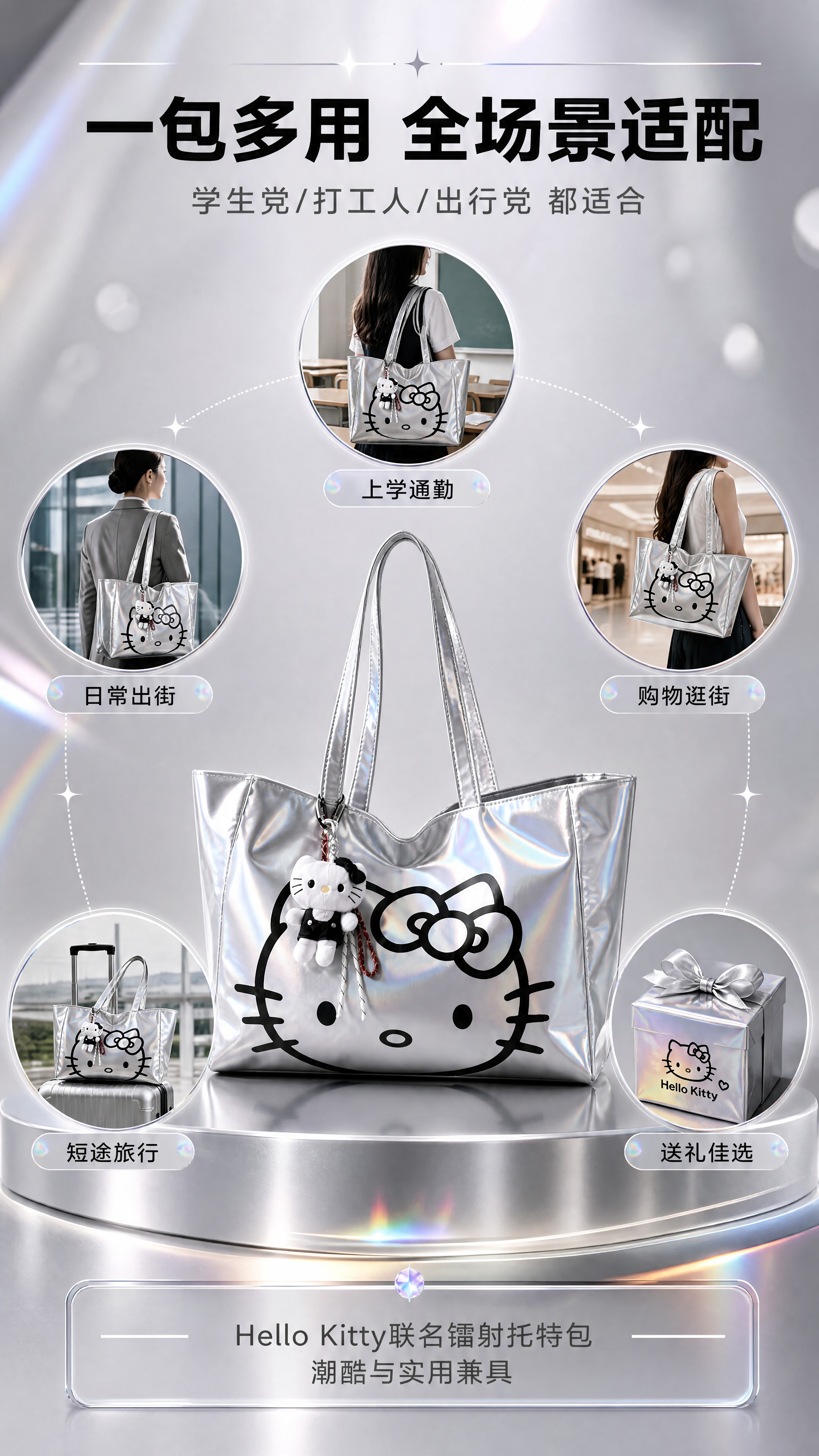 [商品] 使用【图1】Hello Kitty联名银色镭射托特包… - 图片创意预览