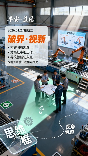整体画面要求：
竖版海报，现代工业风格，具有思维突破感和视觉层次。背景为智能工厂生产现场改善场景，采用俯视或高角度视角，展现团队在生产线旁讨论改善方案的场景。画面左侧1/3区域为文字区，整体色调以蓝灰预览效果