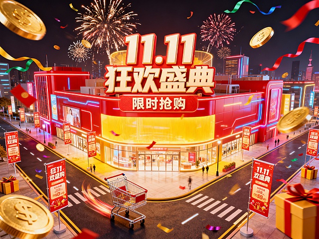未来都市中央的商场，建筑表面有巨大的“11.11狂欢盛典”立体字，下方写着“限时抢购”，街道布满促销立牌，道路上有动态感的购物车，四周金币、彩带、礼盒散落，空中绽放着烟花，整体风格热烈喜庆