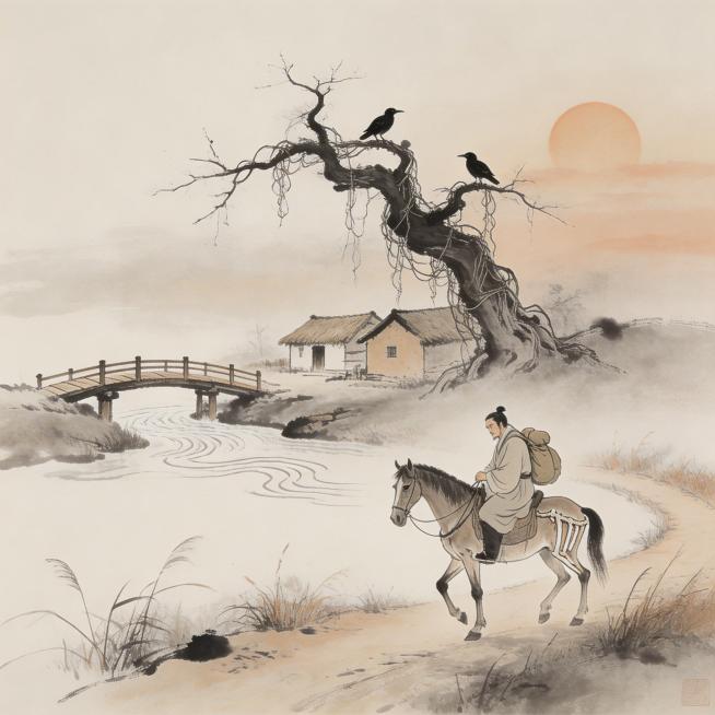 中国风写意水墨画，描绘天净沙秋思的诗意场景：苍老的枯藤缠绕着老树，枝头栖息着黄昏的乌鸦，小桥下溪水潺潺流过旁边的几户人家，古老荒凉的道路上，秋风萧瑟，一匹疲惫的瘦马驮着游子前行，夕阳向西缓缓落下，极度预览效果