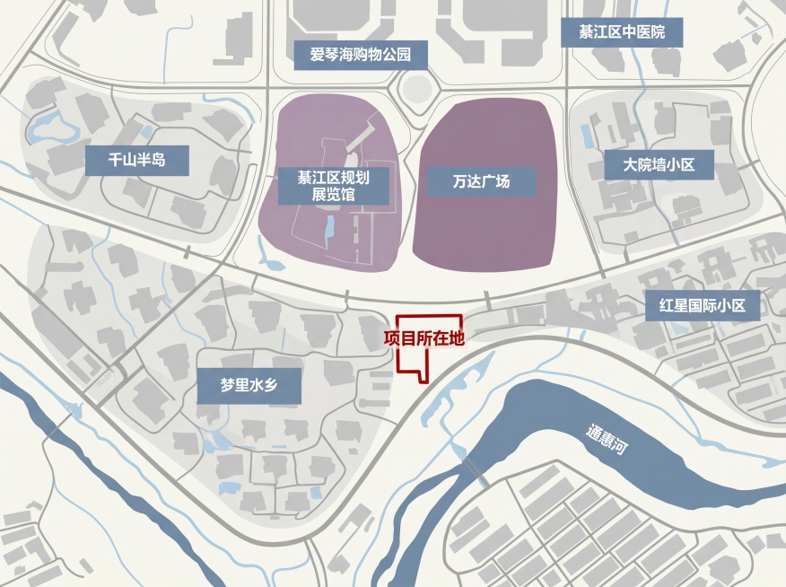极简扁平化区位分析图，景观毕业设计展板风，重庆綦江区万达广场周边片区地图，清晰绘制周边路网、河道、居住区、商业配套，用醒目的红色实线框精准高亮标注图中的「项目所在地」口袋公园地块，周边标注千山半岛、万预览效果