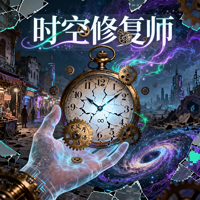 1. 整体色调
主色：深蓝 + 青铜金 + 微光白
（深蓝象征宇宙与时间深渊，青铜金代表古老机械与时间齿轮，微光白突出“修复”带来的希望）
辅助色：暗紫/霓虹青（用于高光或能量特效，增强科幻感）
2. 核心视觉元素
A. 中央巨型破碎时钟
一个悬浮在虚空中的古典怀表式时钟，表面布满裂纹，但裂缝中透出柔和白光，象征“正在被修复”。
指针停在 11:59 —— 距离“时间崩溃”仅差一分钟，制造紧迫感。
齿轮从表盘边缘散落，部分悬浮空中，部分被一只半透明的手（主角）轻轻托起。
B. 背景：多重时空碎片
背景由多个扭曲的时空片段拼接而成：古代街市、未来都市、末日废墟、星空虫洞……暗示“修复局”穿梭于不同时空。
碎片边缘带有轻微像素化或玻璃裂纹效果，强化“破损-修复”主题。
C. 标题文字设计
书名《时空修复师》采用定制字体：
“时空”二字用流线型科技感字体，带微弱粒子拖尾；
“修复局”三字则融入齿轮咬合结构，笔画中嵌入微型钟表零件。
文字置于画面中上部，背景加半透明深色衬底以确保可读性。
D. 隐藏细节（彩蛋）
在某个齿轮背面刻有作者名“寒风月语”的篆体缩写；
表盘12点位置隐藏一个微小的“∞”符号，暗示时间循环或无限可能。
3. 风格参考
融合 蒸汽朋克 × 赛博格 × 克苏鲁式宏大感
参考作品视觉：《命运石之门》+《盗梦空间》+《爱死机》S2《齐马蓝》的色彩美学