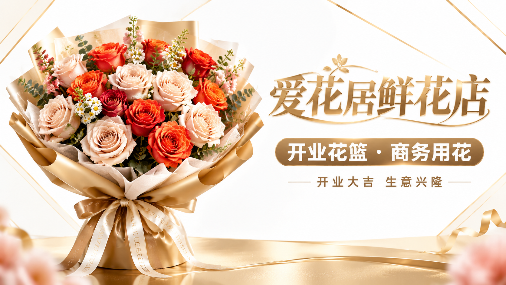 设计一张开业商务主题鲜花店主图Banner，16:9横版。画面… - 图片创意预览