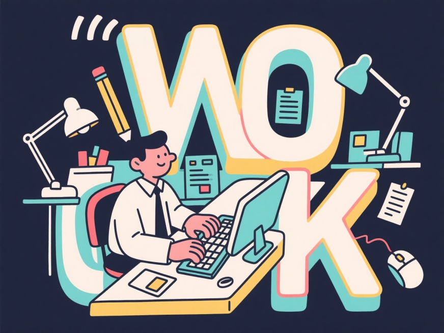 创意画面由字母“W”“O”“R”“K”组成，字母造型独特且富有设计感，巧妙穿插办公场景元素。画面中有办公职员，其中一个工作人员正在专注打字；两只手紧握的特写，展现合作与力量；还有铅笔、报表、电脑、台灯预览效果