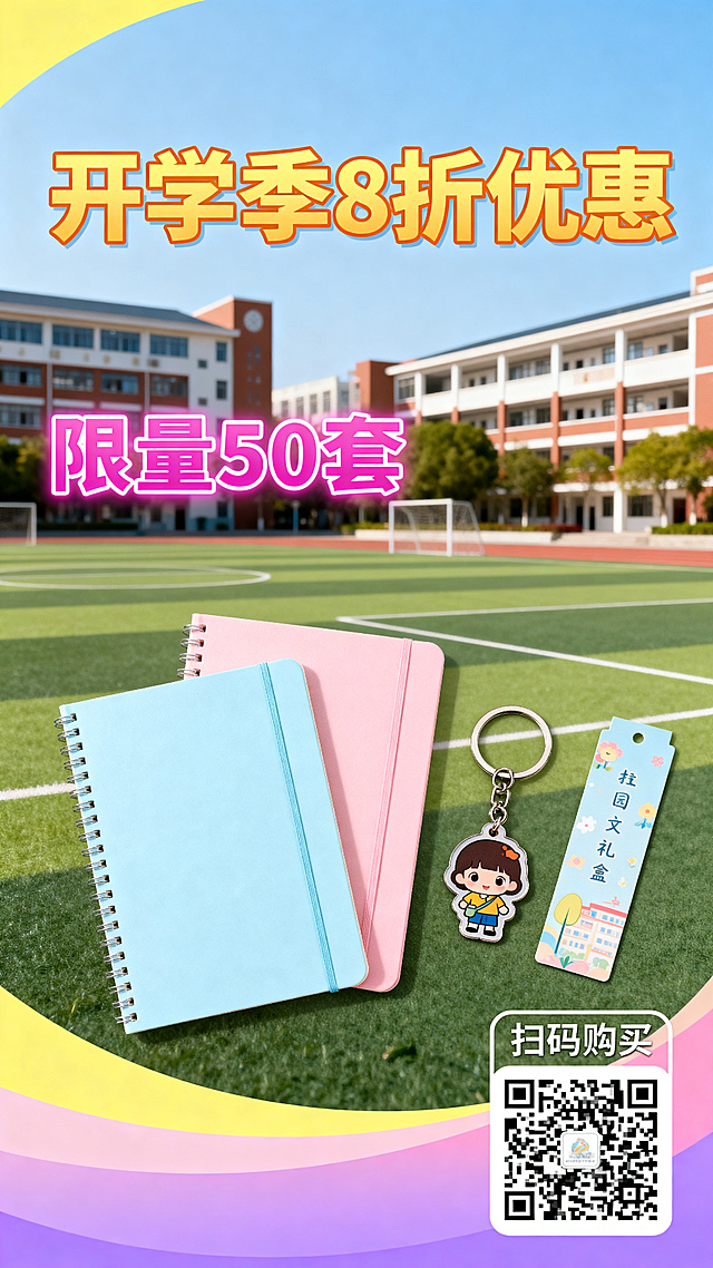 青春活力风格开学季校园定制文创礼盒电商促销海报，包含笔记本、钥匙扣、书签产品实物元素，醒目标注促销文案"开学季8折优惠"和"限量50套"，右下角预留购买二维码占位区域，整体设计年轻时尚，面向在校大学生，色彩明亮活泼