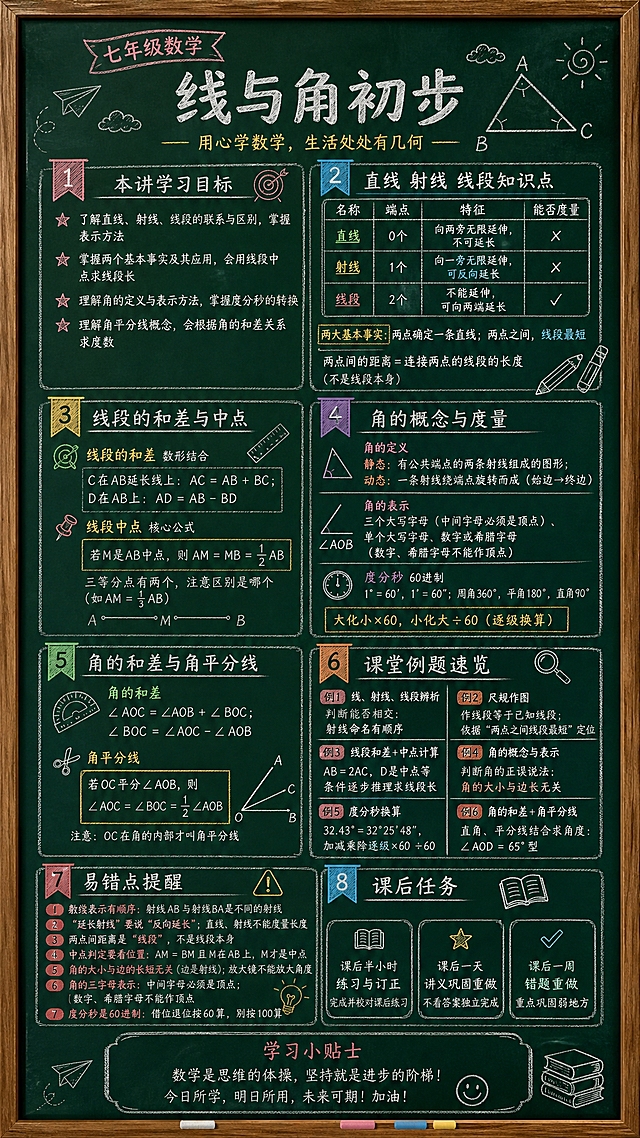 复古黑板风格的七年级数学线与角初步课程知识长图，深绿色黑板背景，粉笔字效果，木质边框装饰，手绘粉笔几何图形，包含8个模块：本讲学习目标、直线射线线段知识点、线段的和差与中点、角的概念与度量、角的和差与角平分线、课堂例题速览、易错点提醒、课后任务，白色粉笔文字搭配彩色粉笔重点标注，教育课堂感，竖版长图，怀旧校园风