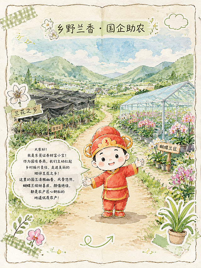 治愈日系手帐手绘风插画，第1格：乡野兰香·国企助农。米黄手账本纸张纹理底色，带轻微纸张颗粒质感，不规则手绘细黑线边框，轻微波浪边手撕纸边缘效果。顶部文艺手写体小标题「乡野兰香 · 国企助农」。全景手帐跨页构图，手绘韶关翁源坝仔镇真实乡村兰园场景，远处淡青朦胧远山、蓝天白云、田园小路，近处左侧传统黑色遮阳大棚国兰区、右侧玻璃智能温室蝴蝶兰区。画面点缀手绘绿植胶带、小兰花贴纸、云朵简笔。整体光线柔和暖昼光，通透清新。东莞证券财富小宝（参考图中红色官服造型、红帽子带金色装饰和铜钱耳饰、软萌Q版水彩风格）站在田园步道中央，身体微微侧向远景，双手轻轻张开，笑容温柔治愈，面向观众打招呼，姿态舒展大方。云朵形手绘气泡从小宝嘴边延伸出来，气泡内文字：大家好！我是东莞证券财富小宝！作为国有券商，我们主动扛起乡村振兴责任，走进美丽的坝仔兰花之乡！这里的国兰清雅幽香、风骨悠然，蝴蝶兰缤纷喜庆、颜值绝佳，都是农户匠心耕耘的地道优质农产！低饱和莫兰迪田园色调（绿、奶白、浅蓝、淡粉），装饰有手绘胶带、虚线框、小贴纸、小兰花简笔、星星、圆点、手绘箭头。软萌干净水彩手绘风格。