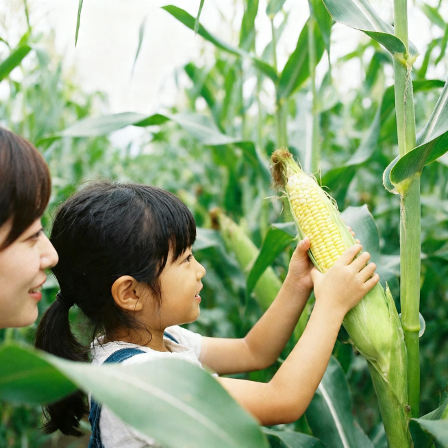 一望无际的绿色水果玉米田，小女孩和妈妈以侧脸视角采摘完整未剥开的水果玉米，人物只露侧脸，玉米林郁郁葱葱，清新自然的亲子采摘场景预览效果