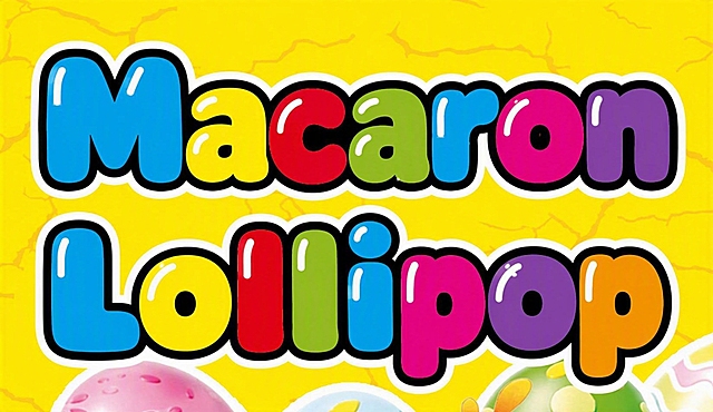 将图中上下两行英文文字全部替换为"Macaron Lollipop"，字体风格、颜色、描边、大小、位置和整体布局与原图完全一致，保持卡通糖果风格的圆润粗体字、白色内高光、黑色粗描边、彩色填充效果，背景和其他元素保持不变。画面中只能出现"Macaron Lollipop"这两行文字，不得出现原图中的"DINKI"或"GUM EGG"字样，不得增加、遗漏或替换任何一个字。