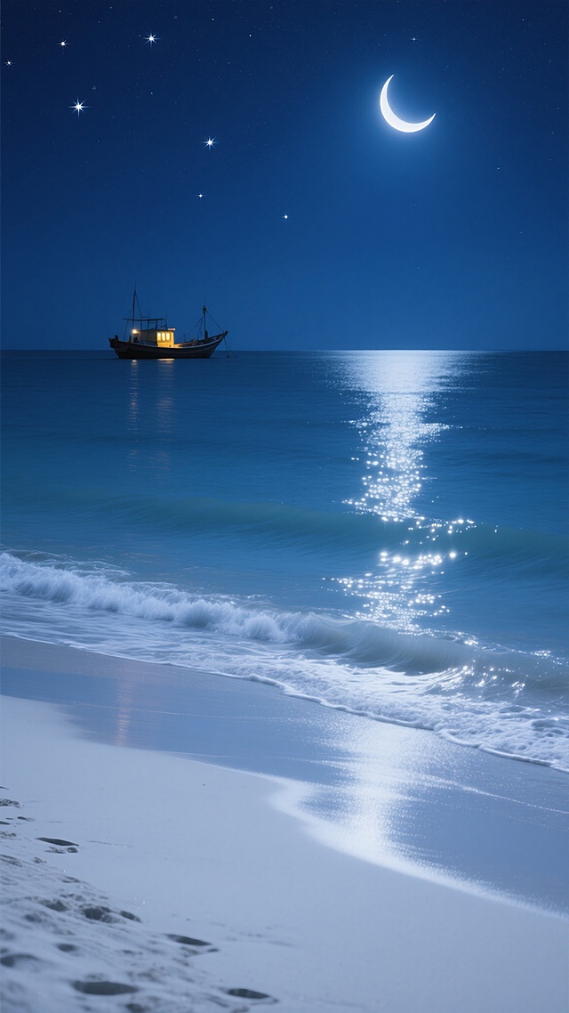 一张超写实风格的海边风景照，画面以深邃的靛蓝色夜空为背景，点缀着几颗明亮的星辰和一弯皎洁的新月，月光洒在平静的海面上，形成一条闪烁的银色光带，海浪轻柔地拍打着细腻的白色沙滩，留下一道道蜿蜒的水痕，远处海平面上停泊着一艘带有暖黄色灯光的孤独渔船，整体色调呈现出神秘而宁静的深蓝与银白渐变，光影对比柔和，海水质感通透，沙滩纹理清晰，营造出夜晚海边静谧悠远的氛围。