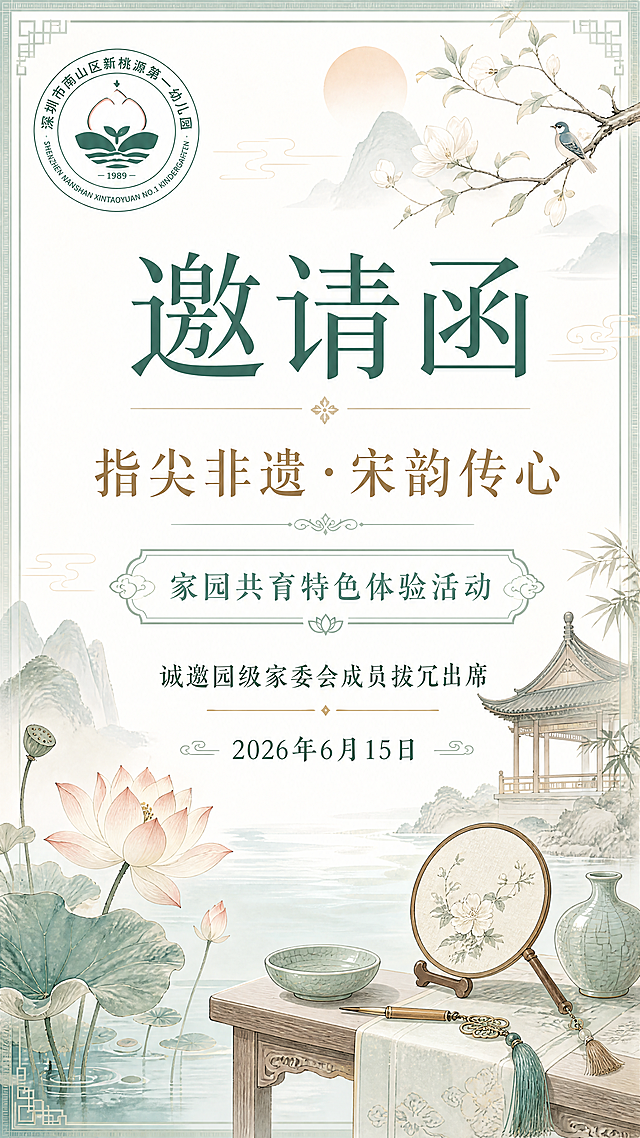 设计一张竖版幼儿园活动邀请函，风格为雅致宋韵国风，整体色调淡雅清新。左上角放置提供的深圳市南山区新桃源第一幼儿园园徽，画面中心位置用大字体写主标题“邀请函”，副标题为“指尖非遗·宋韵传心”，下方有装饰文案“家园共育特色体验活动”，再下方标注活动邀请词“诚邀园级家委会成员拨冗出席 2026年6月15日”，版式精美，构图整洁，留白得当，整体风格符合宋韵传统文化氛围，所有文字清晰可读，不被遮挡。