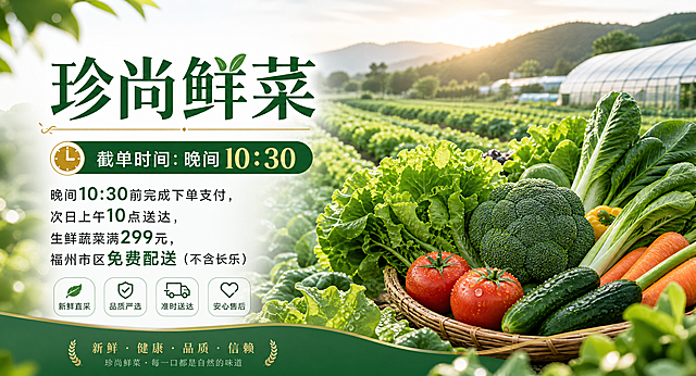横版生鲜蔬菜配送banner，主标题“珍尚鲜菜”，副标题“截单时间：晚间10:30”，包含文字“晚间10:30前完成下单支付，次日上午10点送达，生鲜蔬菜满299元，福州市区免费配送（不含长乐）”，背景是新鲜翠绿蔬菜田园风光，风格清新自然，高端生鲜广告，信息排版清晰整齐