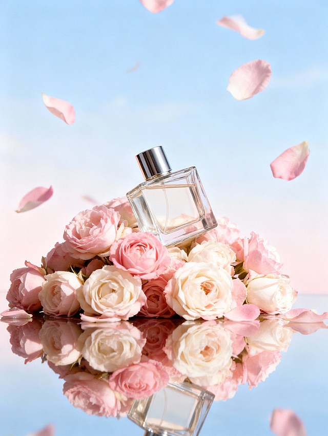 清新柔美、梦幻浪漫的商业产品摄影风格，高质感渲染；画面采用淡粉色与天蓝色渐变的柔和色调，整体明亮通透、色彩清新雅致；以略微仰视的平视视角、中心聚焦式构图呈现，视觉重心集中于产品；场景包含盛放的粉白色蔷薇/月季类花簇、悬浮飘落的同色系花瓣、底部带有清晰倒影的镜面水面，以及纯净的淡蓝色渐变天空背景；产品位于画面中上部偏中心区域，呈倾斜角度摆放于粉白色花簇之上；花簇环绕产品，花瓣悬浮于产品周围及背景空间，镜面水面承接花簇与产品并呈现清晰倒影，所有元素围绕产品营造轻盈梦幻的氛围；配合高光泽材质表现、柔和散射光照明、浅景深效果与细腻光影层次