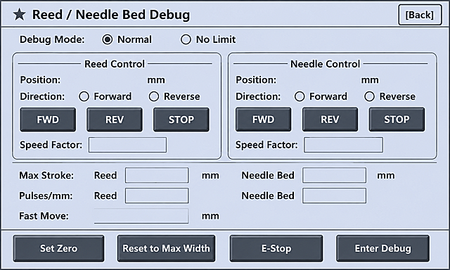 Industrial serial port HMI display screen, 800x480 landscape, monochrome light blue-gray background RGB(202,214,240), clean industrial style, dark gray text and borders. Top title bar: left '★ Reed / Needle Bed Debug', right '[Back]' button. First row: 'Debug Mode: [○ Normal] [○ No Limit]', two hollow circle radio buttons. Middle area: two group boxes side by side. Left group box title 'Reed Control' containing: 'Position:     mm' (value blank), 'Direction: [○ Forward] [○ Reverse]' (two hollow radios), below are three prominent rectangular buttons with dark gray background and white text: [FWD] [REV] [STOP], buttons are clearly visible with rounded corners and subtle 3D bevel effect, 'Speed Factor: [  ]' (empty input). Right group box title 'Needle Control' containing: 'Position:      mm' (value blank), 'Direction: [○ Forward] [○ Reverse]' (two hollow radios), below are three prominent dark gray buttons: [FWD] [REV] [STOP], same button style as left group, 'Speed Factor: [   ]' (empty input). Below parameter area: 'Max Stroke:  Reed [   ] mm    Needle Bed [   ] mm', 'Pulses/mm:   Reed [  ]      Needle Bed [   ]', 'Fast Move:  [   ] mm'. Bottom row of 4 function buttons: [Set Zero] [Reset to Max Width] [E-Stop] [Enter Debug]. All FWD/REV/STOP buttons inside group boxes are clearly styled as real buttons with dark fill, white text, and beveled edges, making them visually distinct and easy to press. All text in English.