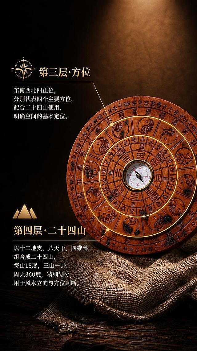 [商品] 使用【图2】雷击枣木七层罗盘；保留产品圆形木质结构、中心天池磁针、各层刻纹、枣木红棕底色，不改变产品外貌和结构顺序；重点突出第三层方位与第四层二十四山圈层。
[画面] 页面目标：详解第三四层方位与二十四山。构图：产品位于画面中心偏右，占画面约50%，正面角度；方位层与二十四山层用双金色圆圈高亮，引线分别指向左上和左下说明区；左侧上下两个文字模块，配方位图标和山形图标；底部粗麻布道具；后景深棕聚光背景；阅读动线从左至右：上下两层说明→产品。
[视觉] 套系策略：风格=暗调聚光东方古朴商业静物摄影（参考逆光者视觉风格）；标题字=宋体衬线粗体（古风厚重）；正文字=宋体常规；主色=深棕暖褐色；背景延展=深棕到暖棕的径向聚光渐变；强调色=烫金古铜色（用于标题、高亮圆圈、引线、图标）；标题色=古铜金；正文色=米白浅金；组件=金色双圈高亮、细线引线、方位指南针图标、山形图标；光影=顶部聚光+对应圈层柔光突出。
[文字] 左上小标题"第三层·方位"，说明东南西北四正位、配合二十四山使用；左下小标题"第四层·二十四山"，说明十二地支+八天干+四维卦、每山15度、三山一卦周天360度；全部文字横向排版。
[规格] 图片比例9:16竖版，2K分辨率，medium质量；避免变形、错字、文字过小、产品结构改变。